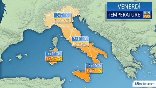 Temperature previste per venerdì