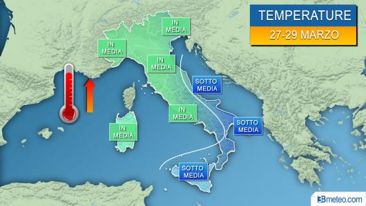 Temperature rispetto alle medie periodo 27-29 marzo