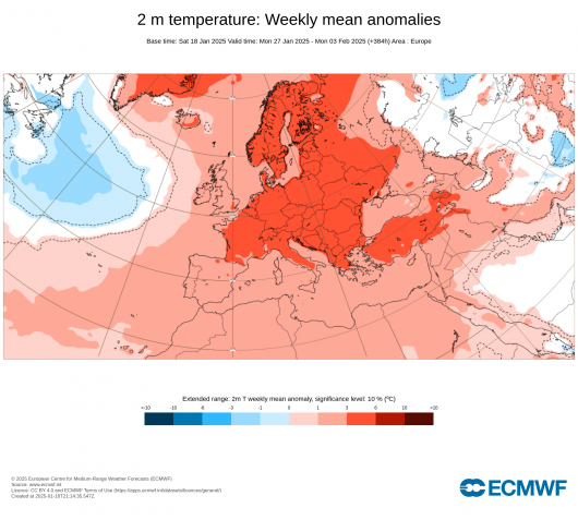 temperature sopra la media tra fine gennaio ed inizio febbraio, fonte Ecmwf
