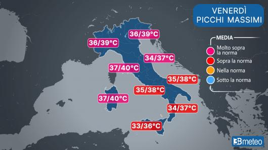 Temperature venerdì (picchi massimi)