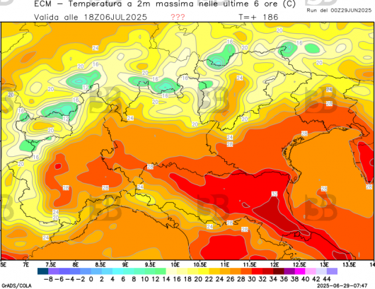 Tendenza massime per domenica 6 luglio (attendibilità medio-bassa)