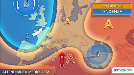 Tendenza seconda parte della settimana, più temporali al Nord, caldo in intensificazione al Sud