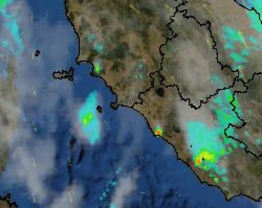 Tipico temporale sui Monti della Tolfa, a ridosso di Civitavecchia (RM) - Immagine Radar Protezione Civile.