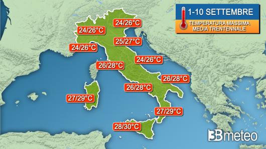 Valori massimi previsti dalla media trentennale per la prima decade di settembre 