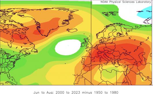 variazioni delle altezze del geopotenziale, in rosso dove è aumentanto dagli anni 2000 in estate