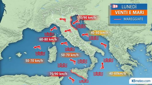 Venti e mari previsti per lunedì