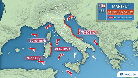Venti e mari previsti per martedì