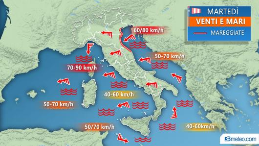 Venti e mari previsti per martedì