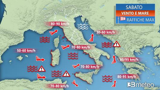 Venti e mari previsti per sabato 21 ottobre