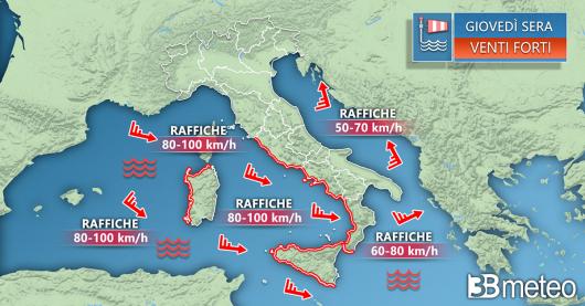 Venti previsti per giovedì sera