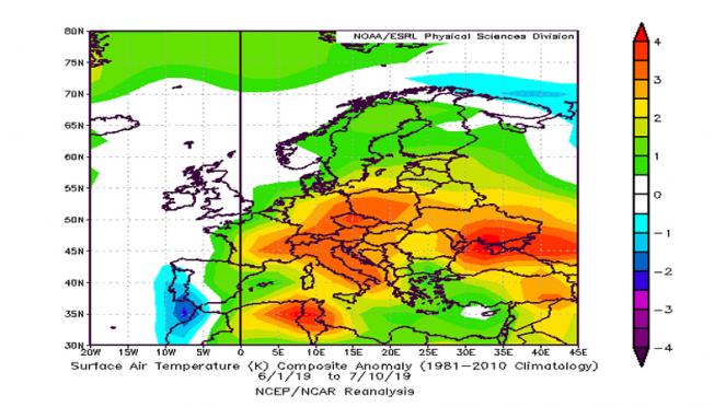 1 giugno-10 luglio: anomalie temperature in Europa