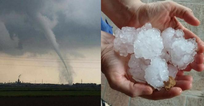 A sinistra il tornado di Mortara, foto di Stefano Bartozzi via fb. A destra grandine a Suzzara, foto di Laura Gualtieri
