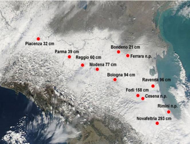 Accumuli totali di neve dal 1° al 12 Febbraio 2012 (fonte: arpa.emr)