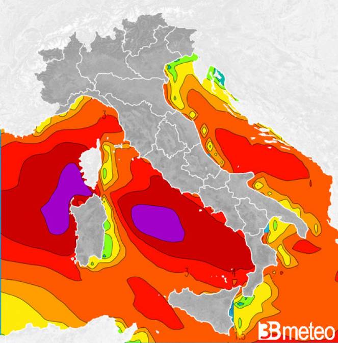 Altezza onda (m) attese per le prossime ore sui mari italiani