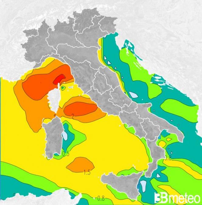 Altezza onde prevista per sabato pomeriggio: fino a 2 metri sul medio-alto Tirreno