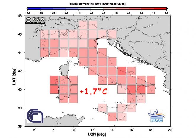 Anomali di temperatura a Luglio 2017 in Italia (fonte ISAC-Cnr)
