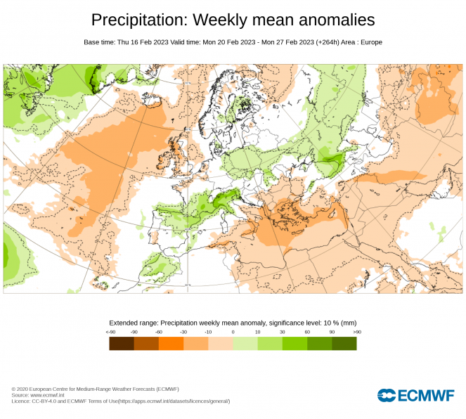 Anomalia delle precipitazioni attese 20-27 Febbraio (ECMWF)