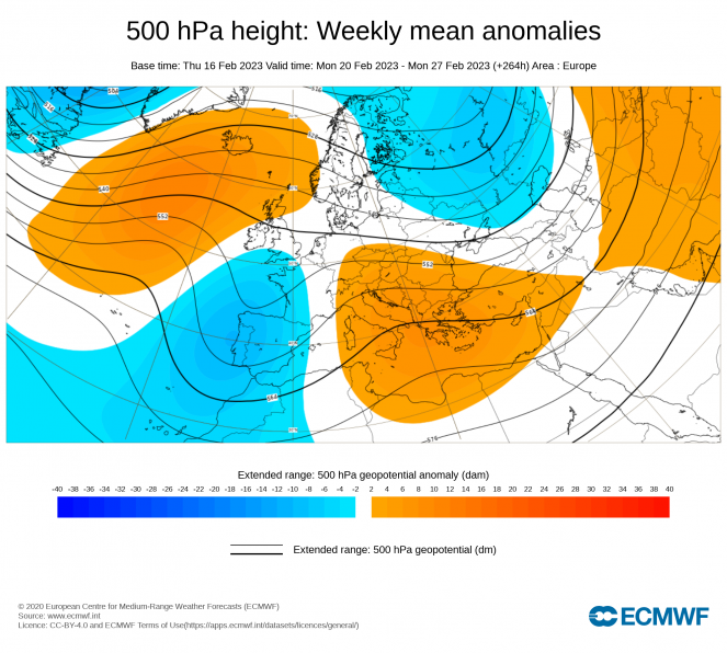 Anomalia di geopotenziale attesa tra il 20 e il 27 Febbraio (ECMWF)