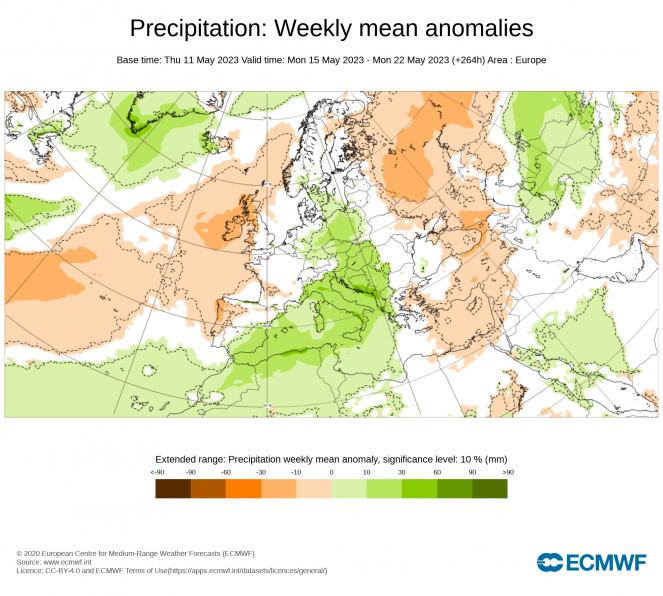 Anomalia di precipitazione attesa nel periodo 15-22 Maggio (fonte ECMWF)