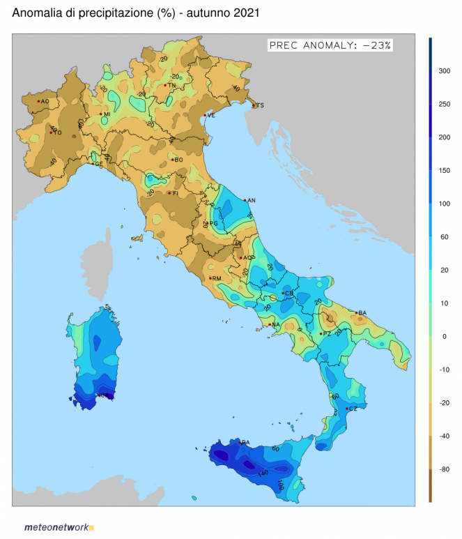 Anomalia di precipitazione dell'autunno 2021. Fonte: www.meteonetwork.it