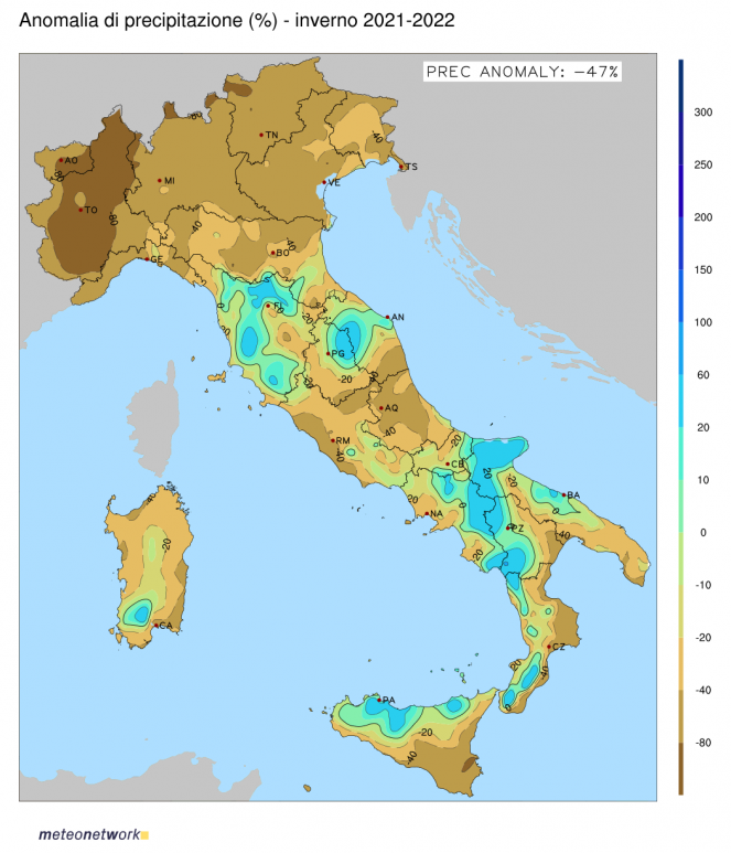 Anomalia di precipitazione dell'inverno 2021-2022. Fonte: www.meteonetwork.it