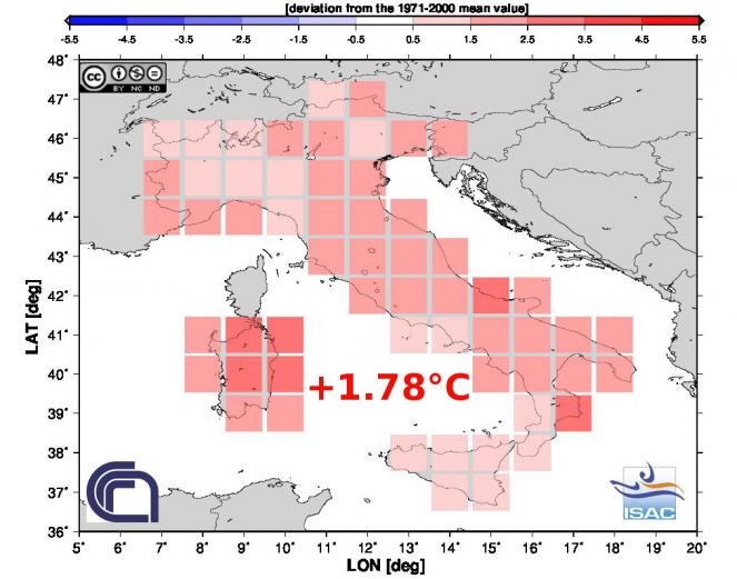 Anomalia di temperatura a Maggio 2015 in Italia (fonte Isac-Cnr)