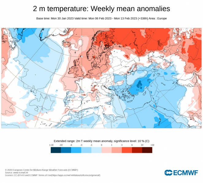 Anomalia di temperatura al suolo, settimana 6-13 Febbraio