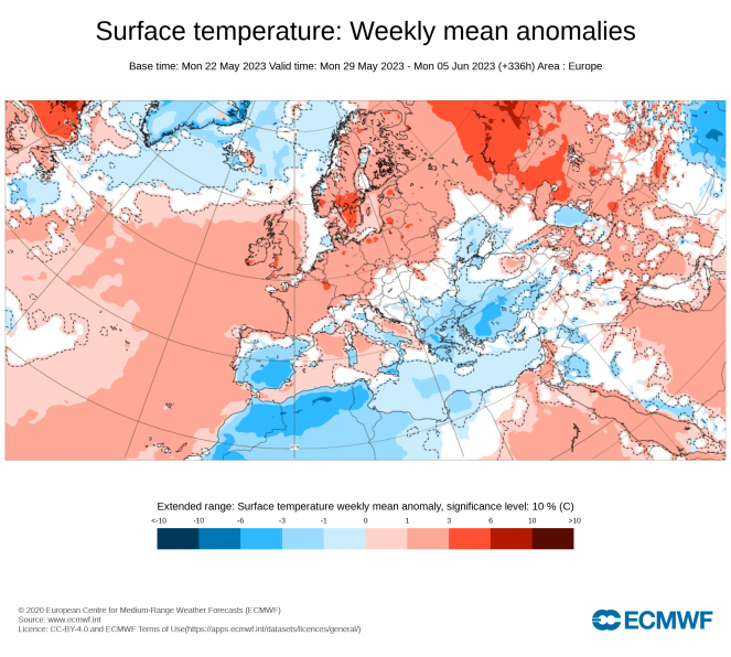 Anomalia di temperatura attesa nel periodo 29 maggio- 5 giugno (fonte ECMWF)