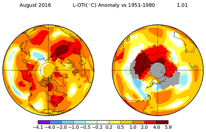 Anomalia di temperatura globale ad Agosto 2016 (fonte NASA/GISS)