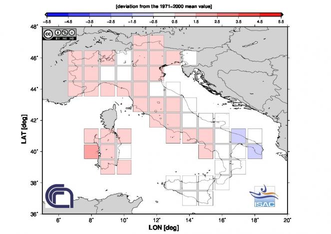 Anomalia di temperatura media durante la scorsa stagione invernale in Italia (fonte: isac.cnr.it)