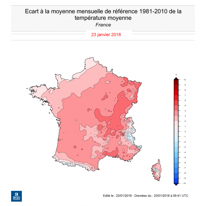 Anomalia di temperatura tra l'1 e il 22 Gennaio 2018 in Francia (fonte meteofrance.fr)