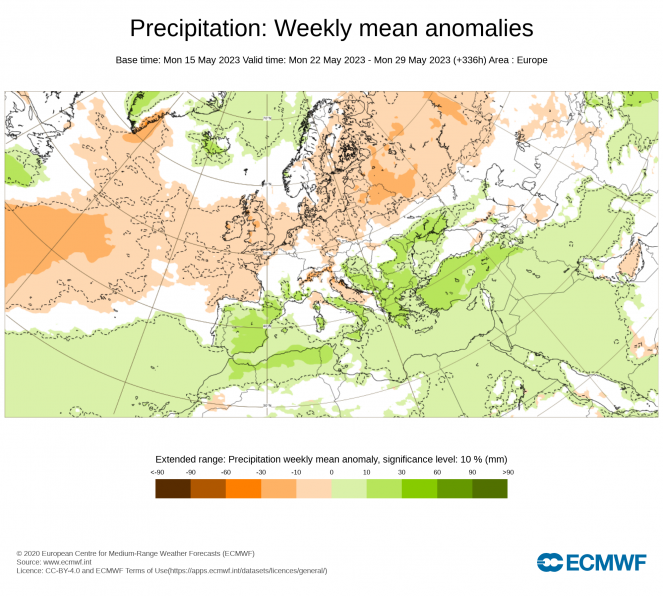 Anomalia pluviometrica prevista per il periodo 22-29 maggio, fonte ECMWF