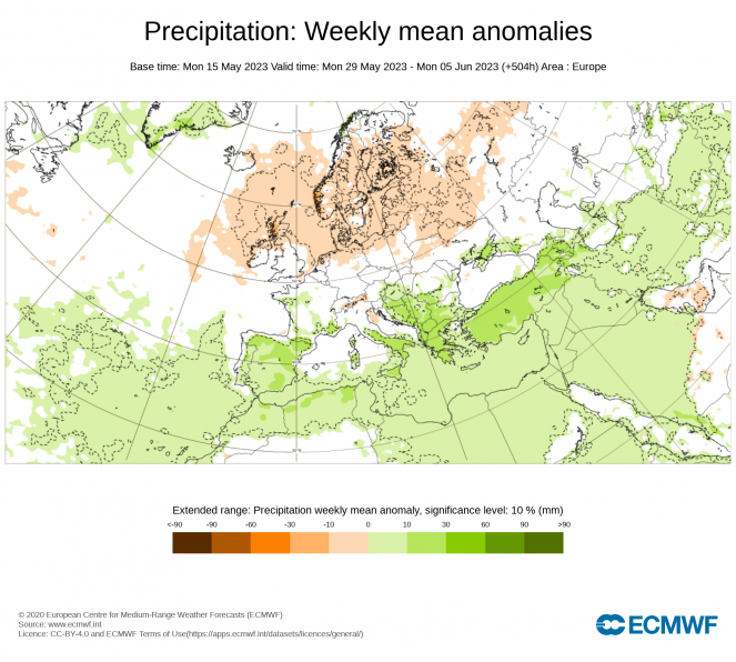 Anomalia pluviometrica prevista per il periodo 29 maggio - 5 giugno (fonte ECMWF)
