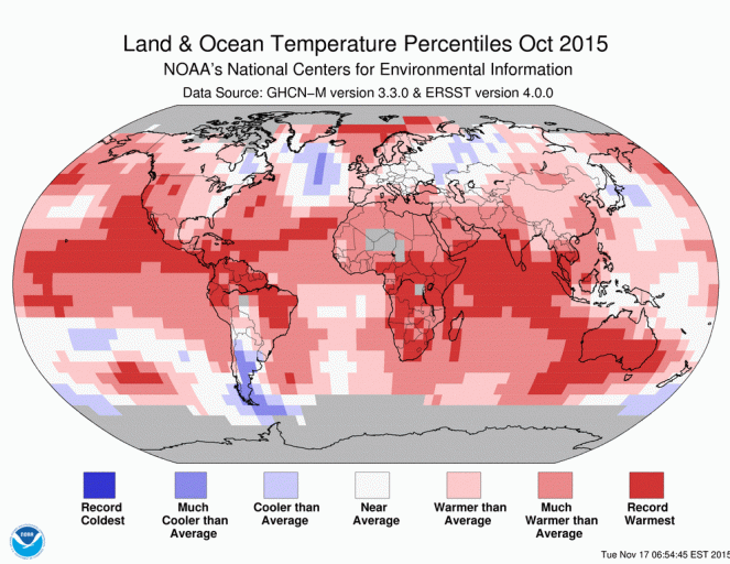 Anomalia termica in percentili: record in molte aree del globo. Fonte: www.ncdc.noaa.gov