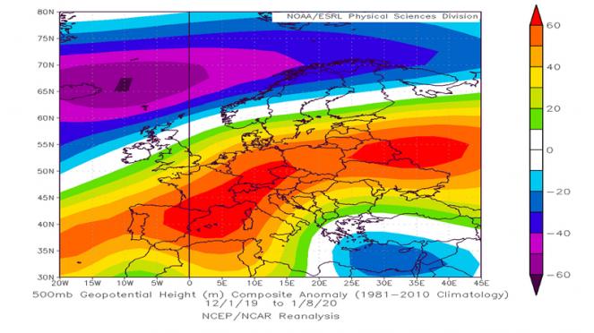 anomalie a 500 hPa dei primi 40 giorni d'inverno