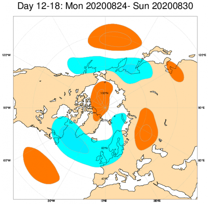 Anomalie di geopotenziale a 500hPa secondo il modello ECMWF mediate sul periodo 24-30 agosto