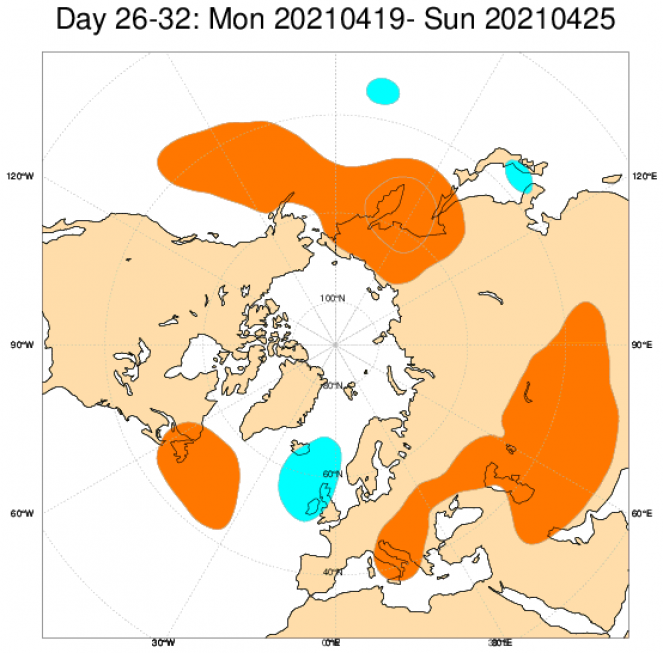 Anomalie di geopotenziale a scala europea secondo il modello ECMWF, mediate nel periodo 19-25 aprile