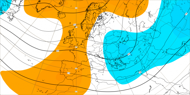 Anomalie di geopotenziale (in arancione positive, in blu negative) secondo il modello ECMWF, mediate nel periodo 1-8 maggio