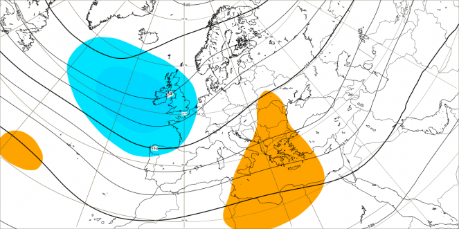 Anomalie di geopotenziale (in arancione positive, in blu negative) secondo il modello ECMWF, mediate nel periodo 8-15 maggio