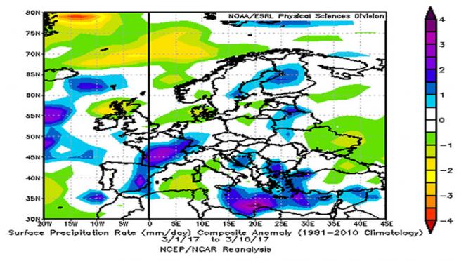 anomalie di piogge in Europa 1-16 marzo