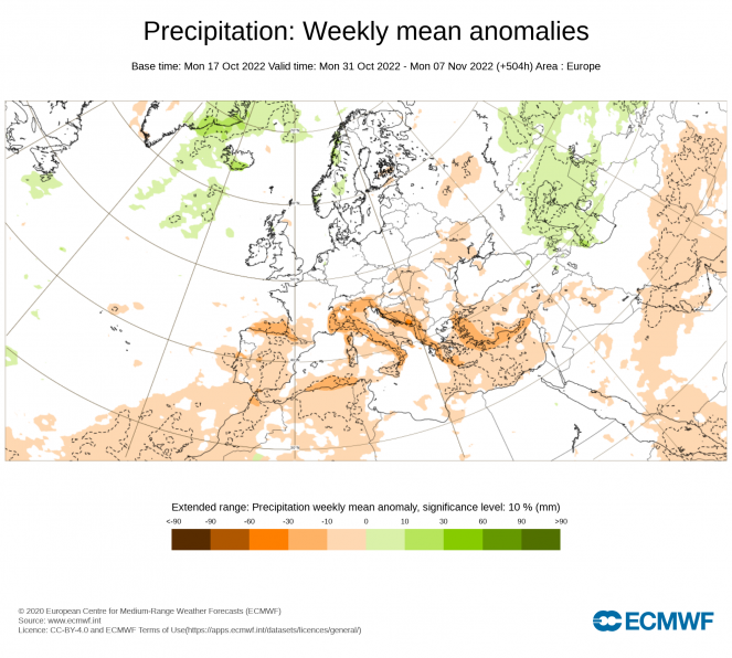 Anomalie di precipitazione periodo 1-7 Novembre (fonte ECMWF)