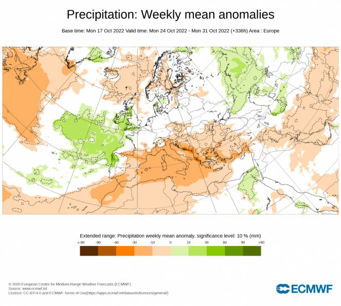 Anomalie di precipitazione periodo 24-31 Ottobre (fonte ECMWF)
