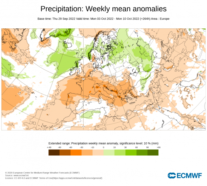 Anomalie di precipitazione, periodo 3-10 Ottobre 
