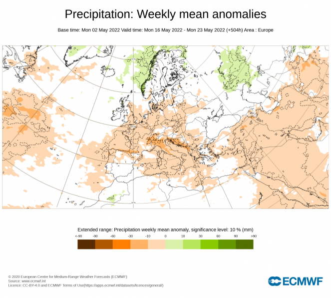 Anomalie di precipitazione settimana 16-22 maggio