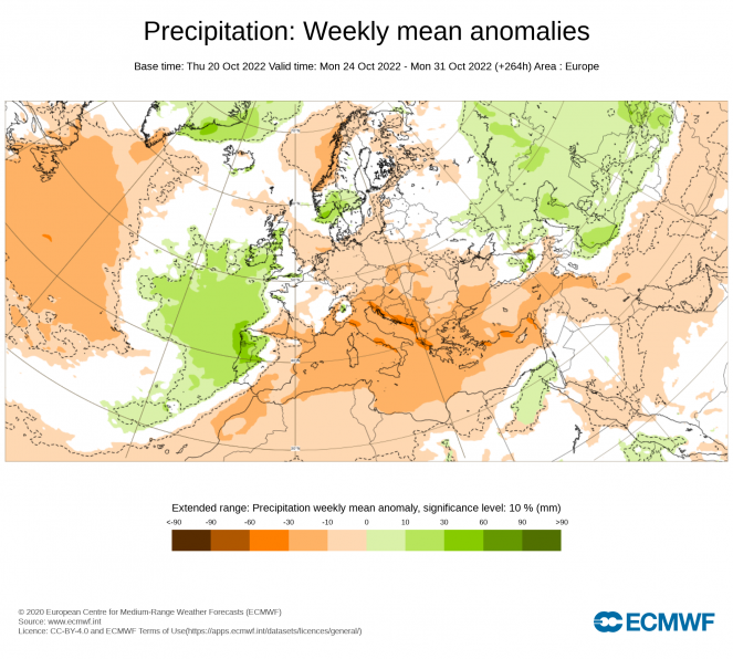 Anomalie di precipitazione settimana 24-31 Ottobre (fonte ECMWF)