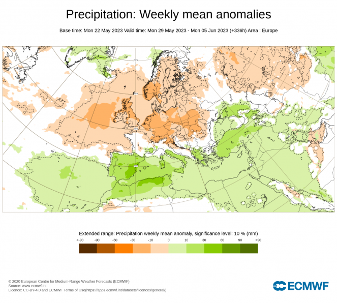 Anomalie di precipitazioni attese nel periodo 29 maggio-5 giugno (fonte ECMWF)