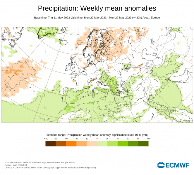 Anomalie di precipitazioni periodo 22-29 Maggio, fonte ECMWF