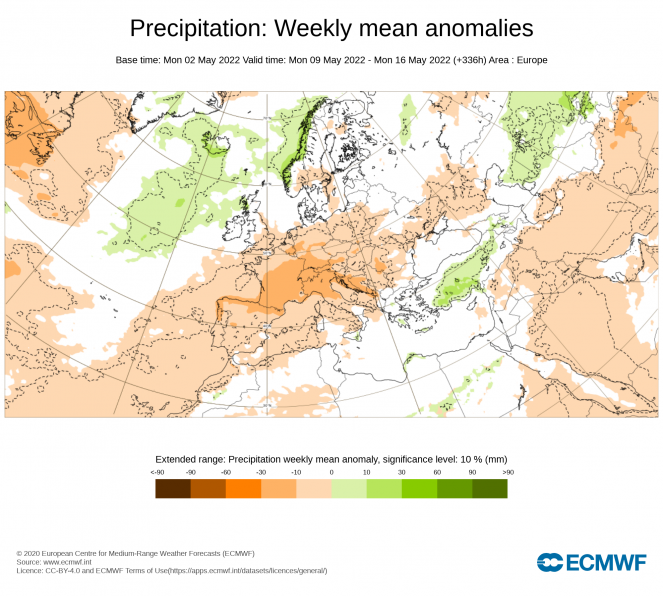 Anomalie di precipitazioni settimana 9-15 maggio