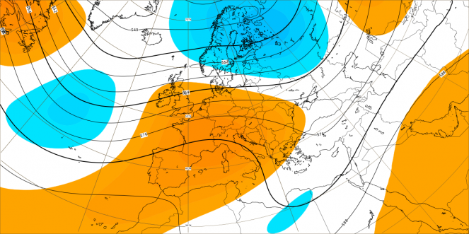 Anomalie di pressione e geopotenziali a 5500m circa elaborate dal modello ECMWF relative al periodo 2-9 ottobre. In arancione valori sopra la norma