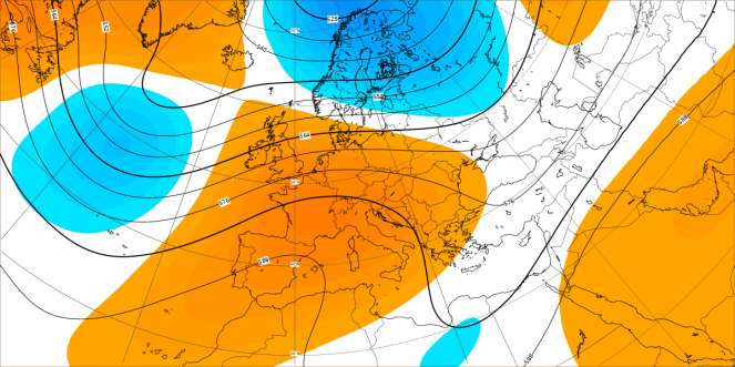 Anomalie di pressione e geopotenziali a 5500m circa elaborate dal modello ECMWF relative al periodo 2-9 ottobre. In arancione valori sopra media
